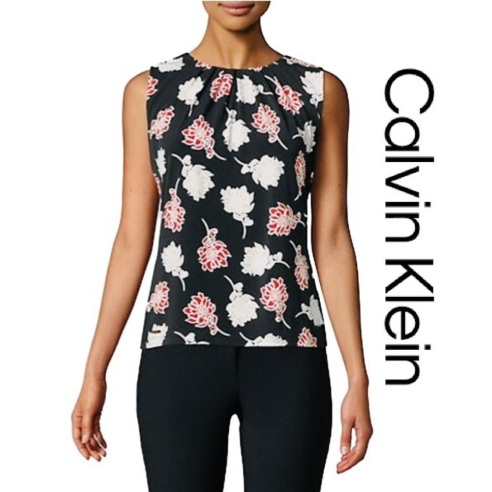 CALVIN KLEIN (NWOT) Pleated Floral-Print Shell Keyhole Back Sz XL